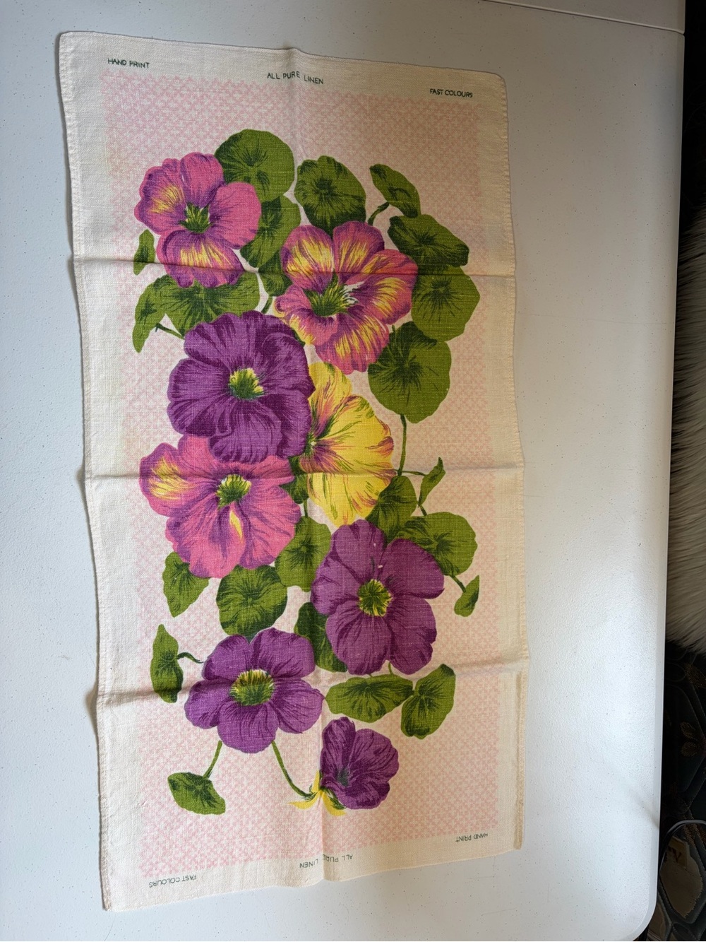 Vintage Pure Linen Tea Towel Purple Floral Cottagecore Kitchen Decor 1970s